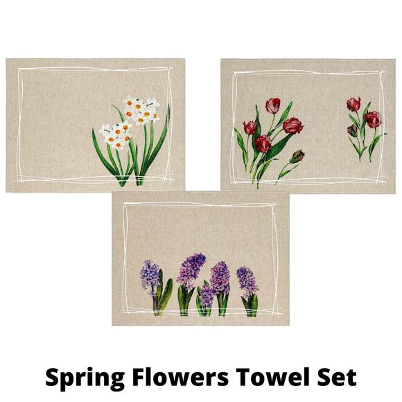 Linen Tea Towels - Spring Flowers Kitchen Towel Set (23x18" each) Linen / Cotton - Picture 1 of 9